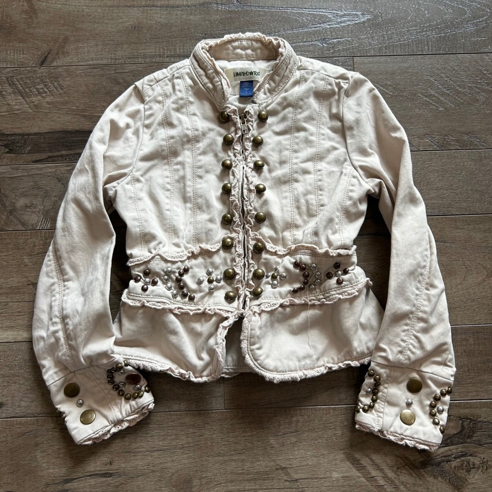 Y2K Limited Too Girls Cream Studded Military Peplum Jacket Lace Trim Size 8